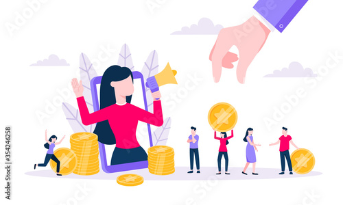 Loyalty program flat style design vector illustration concept. Woman with megaphone loud speaker standing up in the smartphone and shout out to the people. Refer a friend program.