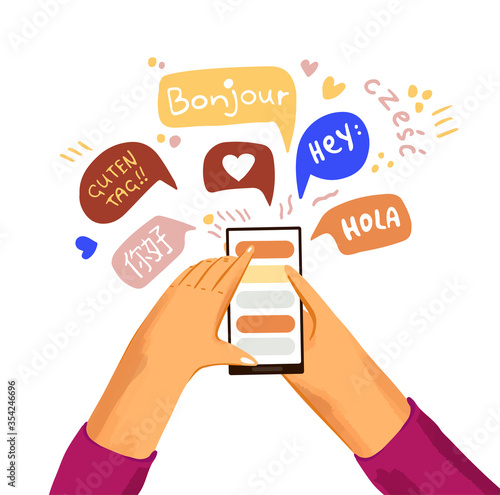 Learn and study language flat vector. Hand with phone and greetings on different languages in applicaton on phone screen. International communication, making friends in different countries concept