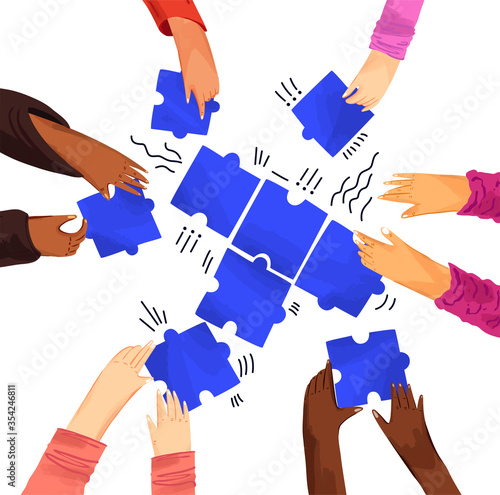 Hands of diverse people with puzzles vector illustration. Solving problems with team, making decisions. Hands assembling jigsaw puzzle, african and caucasian team put pieces together