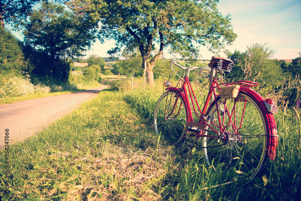 Vieux vélo rouge sur un chemin de campagne au printemps.