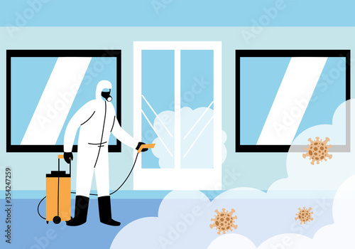 men wear protective suit, cleaning and disinfection
