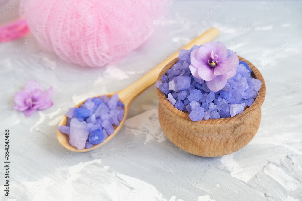 Spa treatment, wooden spoon and bowel with sea salt. Spa treatment, wooden spoon and bowel with sea salt.