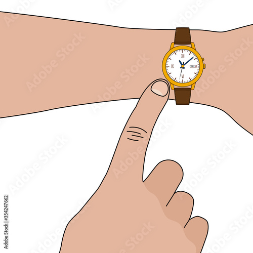 Yellow golden stylish watch with leather strap on hand
