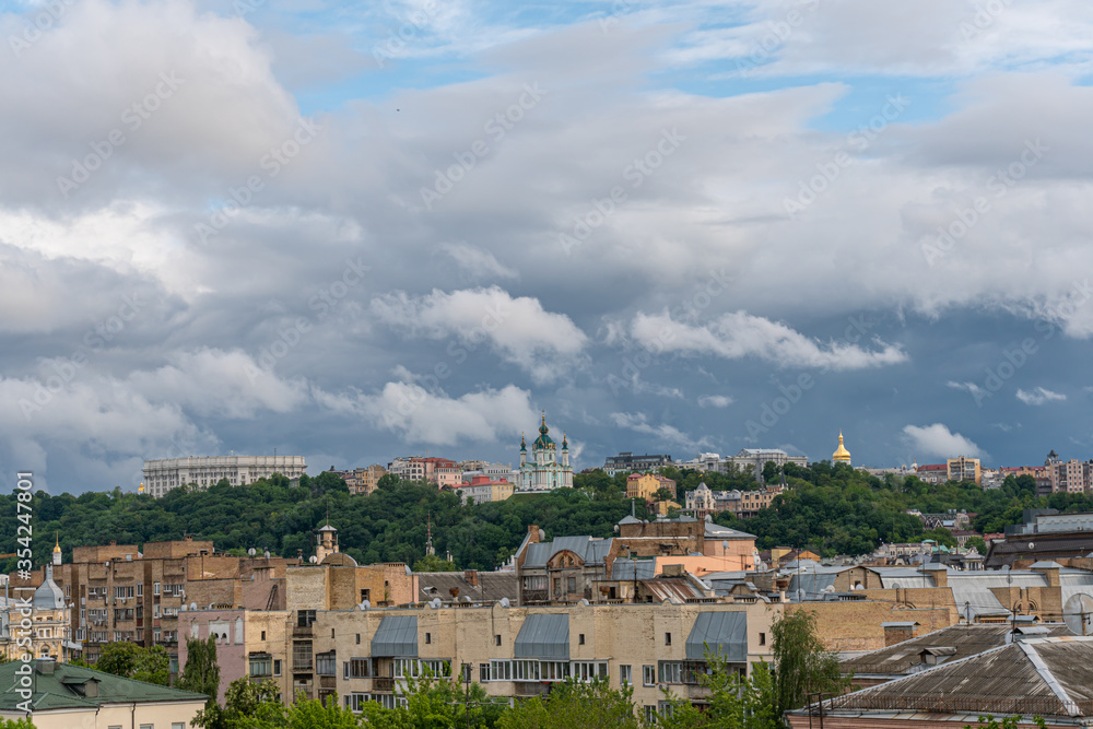 Stunning view on the city in Kyiv and Saint Andrew's Church during the sunset with dynamic clouds