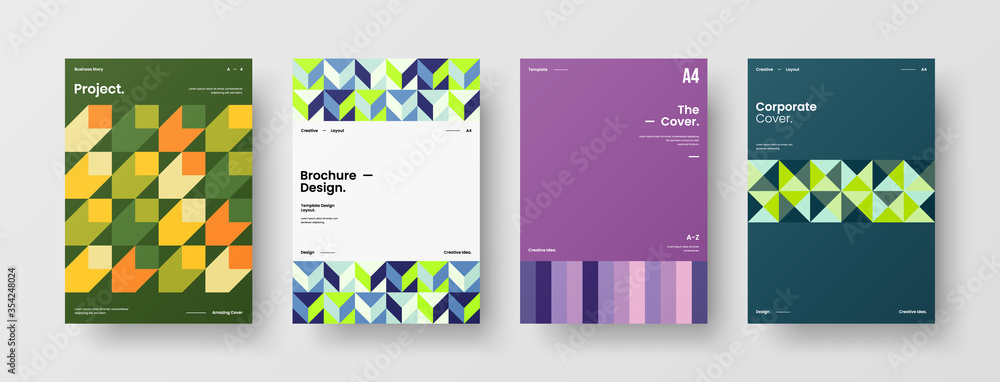 Fototapeta premium Company identity brochure template collection. Business presentation vector A4 vertical orientation front page mock up set. Corporate report cover abstract geometric illustration design layout bundle.