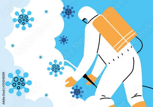 man wears protective suit, disinfection by coronavirus or covid 19