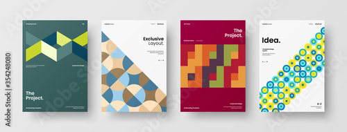 Company identity brochure template collection. Business presentation vector A4 vertical orientation front page mock up set. Corporate report cover abstract geometric illustration design layout bundle.