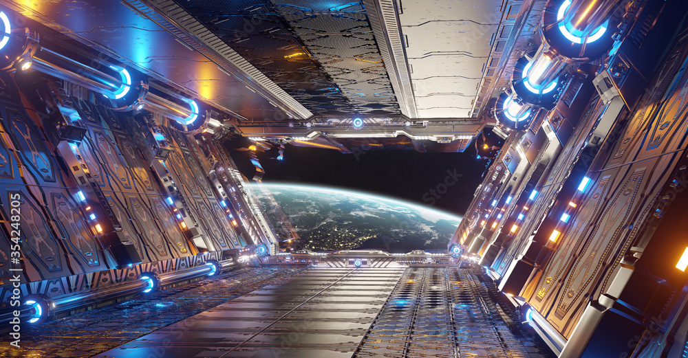 Orange and blue futuristic spaceship interior with window view on planet Earth 3d rendering - obrazy, fototapety, plakaty 