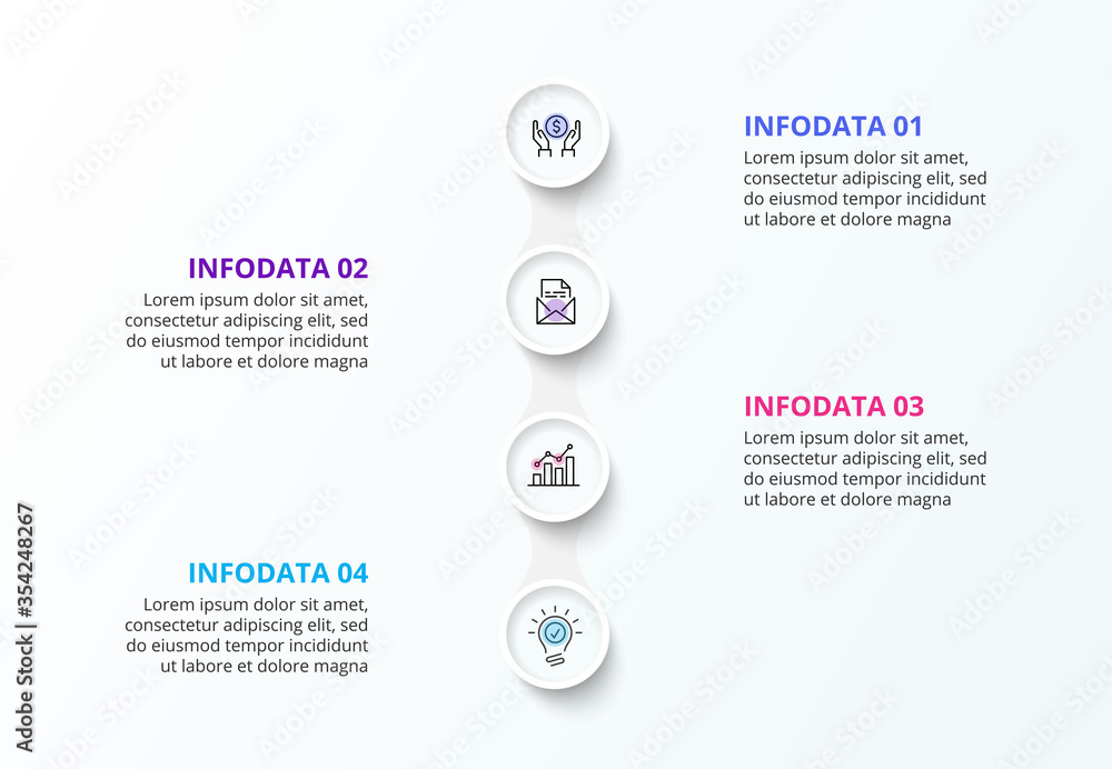 White vertical infographic design template. Flowchart with four circle elements. Concept of 4 steps of business strategy. Clean vector illustration for presentation White vertical infographic design template. Flowchart with four circle elements. Concept of 4 steps of business strategy. Clean vector illustration for presentation