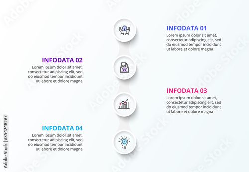 White vertical infographic design template. Flowchart with four circle elements. Concept of 4 steps of business strategy. Clean vector illustration for presentation