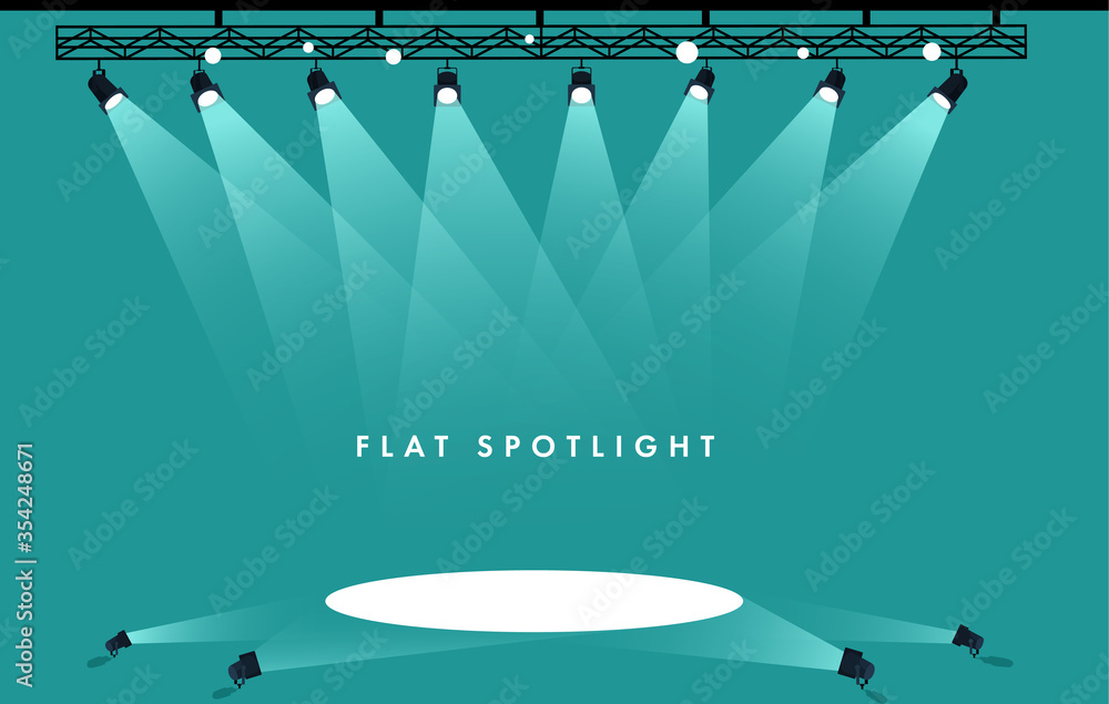 Flat Spotlights empty scene. Illuminated design. Vector illustration - obrazy, fototapety, plakaty 