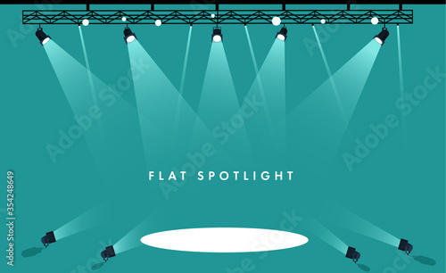 Flat Vector stage with set of spotlights. Blue stage. Vector illustration