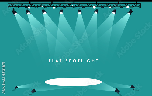 Flat Spotlights empty scene. Illuminated design. Vector illustration