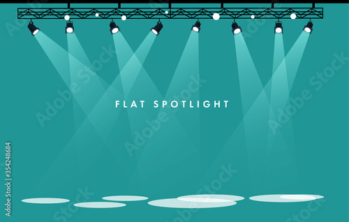 Flat Vector stage with set of spotlights. Blue stage. Vector illustration