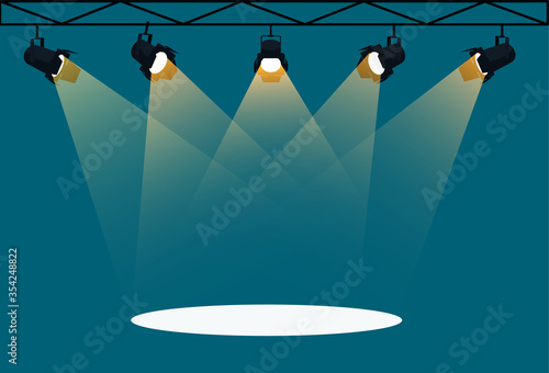 Flat Spotlights with bright white light shining stage vector set. Illuminated effect form projector, illustration of projector for studio illumination eps 10