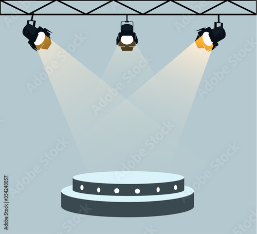 Flat stage podium illuminated by three spotlights. Empty pedestal for display. 2 step platform for design. Isolated.background. Template Flat design. Vector illustration