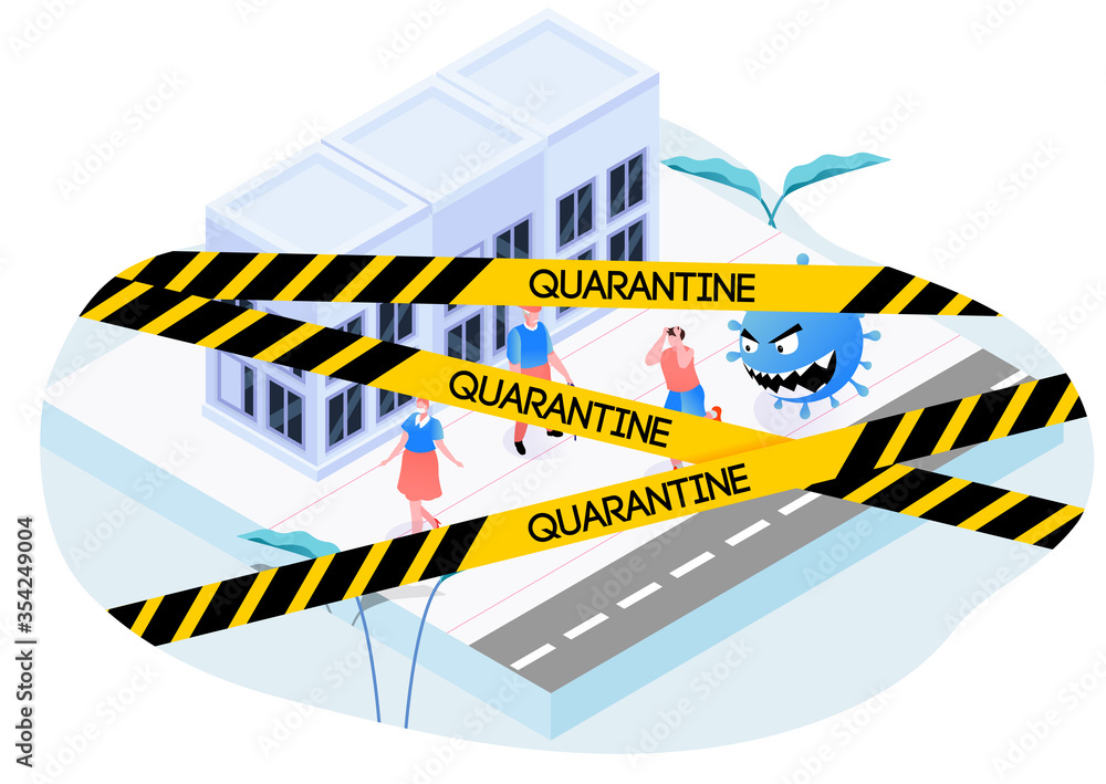 vector illustration of blue angry virus running after scared person on city street with black and yellow strips on white background vector illustration of blue angry virus running after scared person on city street with black and yellow strips on white background