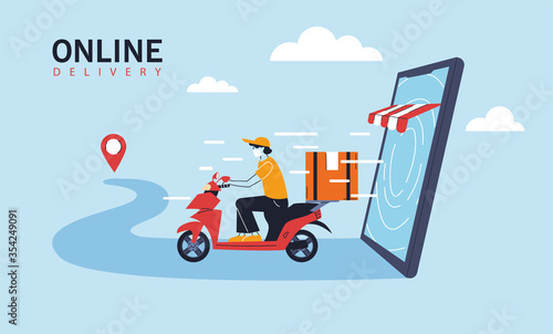 delivery man with protective face mask in motorcycle, online delivery