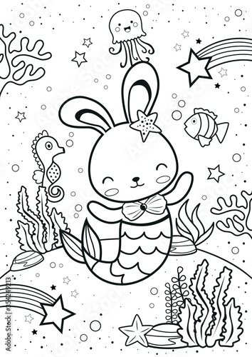 Bunny mermaid with friends coloring page. Kids coloring book. Worksheet for children. 