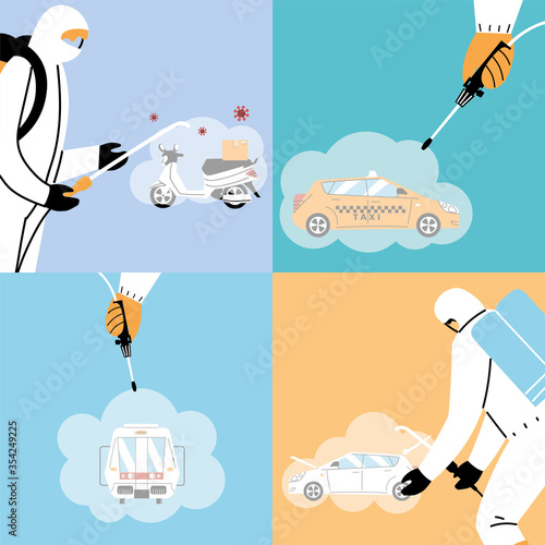 men wearing a protective suit disinfects vehicles by coronavirus or covid 19