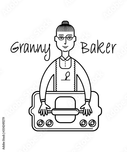 Black graphic drawing of the character of grandmother making buns from pastry for baking, with a rolling pin, in an apron. Vector illustration, icon, flat doodle, isolated on background.