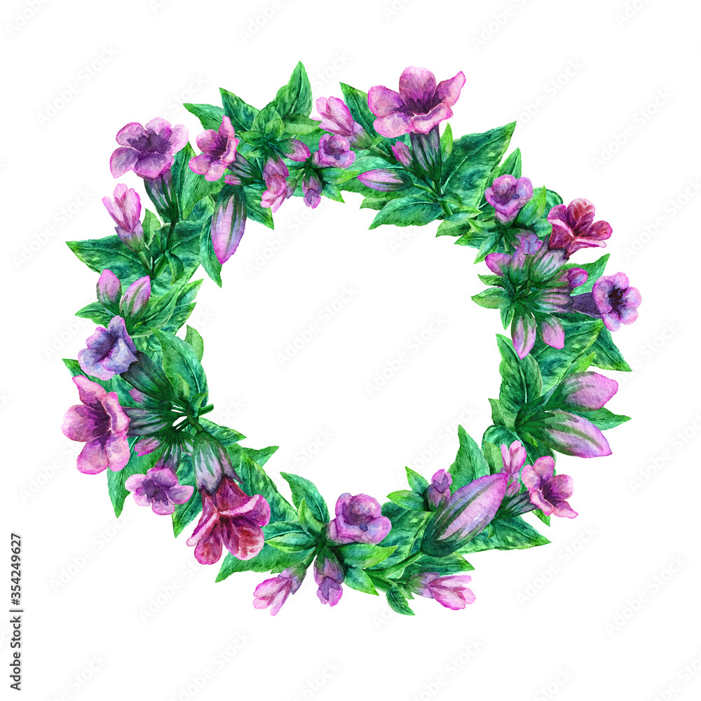 A pulmonaria drawing, lungwort flower elements. A painted wildflower wreath, circle frame arrangement, garland. A floral watercolor painting illustration template with copy space for text.