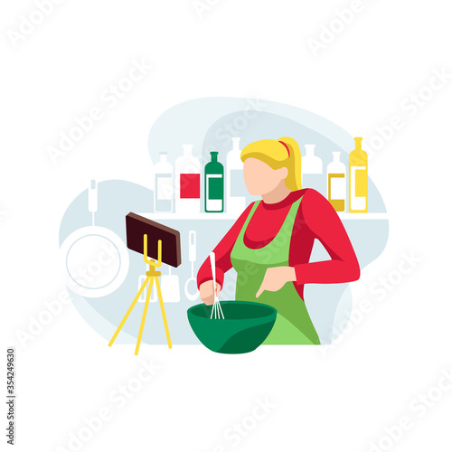 Woman food blogger records new recipe for subscribers. Concept of online cooking courses. Female character mixes ingredients for dish in kitchen. Video content creation. Flat vector illustration