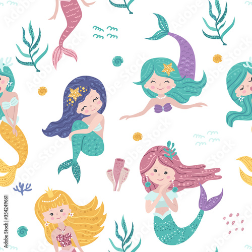 Childish seamless pattern with mermaids.