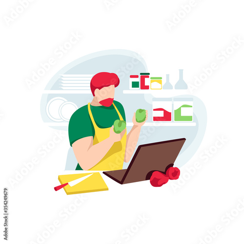 Male chef records online recipes on channel. Food blogger make internet courses for followers. Cooking coach man preparing food on kitchen, isolated on white background. Flat vector illustration