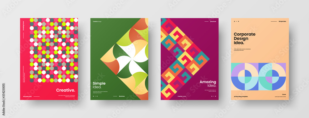 Company identity brochure template collection. Business presentation vector A4 vertical orientation front page mock up set. Corporate report cover abstract geometric illustration design layout bundle.