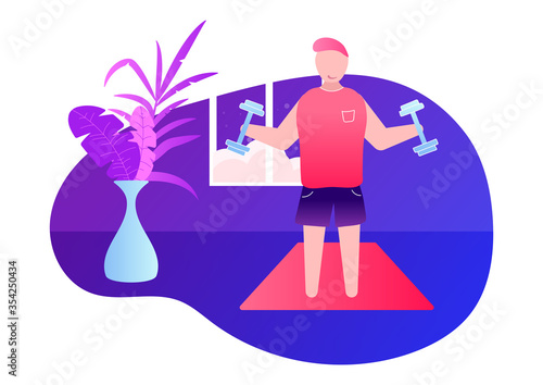 colorful vector illustration of smiling man with dumbbells doing sports exercises at home during quarantine isolation on white and purple background