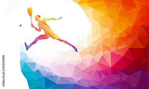 Creative silhouette of female tennis player. Racquet sport vector illustration or banner template in trendy abstract colorful polygon style with rainbow back