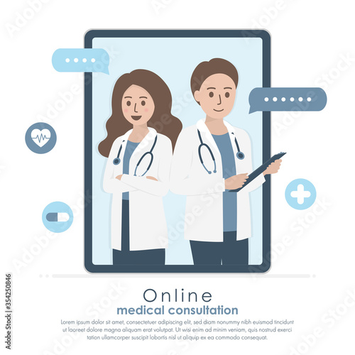 Tablet screen of doctor with stethoscope, patient medical records and health icons. Online doctor, medical consultation and healthcare concept. Flat vector illustration. Copy space for text.