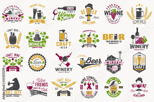 Set of Craft Beer and wine company badges with hops, raven and bear. Vector. Vintage design for winery company, bar, pub and restaurant business. Coaster for beer or wine glasses.