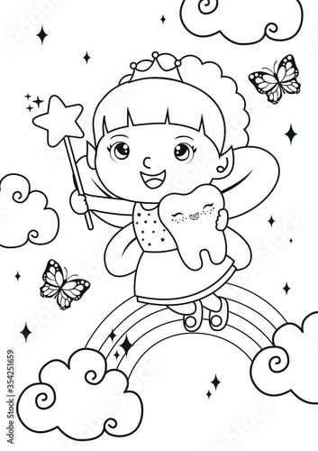 Tooth girl fairy coloring pages. Kids coloring book. Worksheet for children.