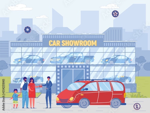 Family Buy Minivan at Car Showroom Dealer Give Key