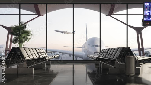 Waiting room in airport terminal. Airplane takes off outside the window of the airport terminal. Empty waiting room at the airport. 3d render photo