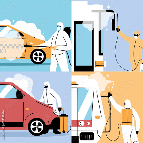 men wearing a protective suit disinfects vehicles by coronavirus or covid 19