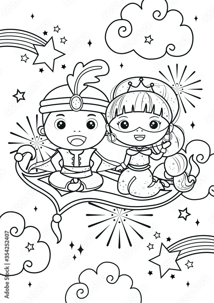 Fototapeta Arabian prince and princess on magic carpet coloring pages. Kids coloring book. Worksheet for children.