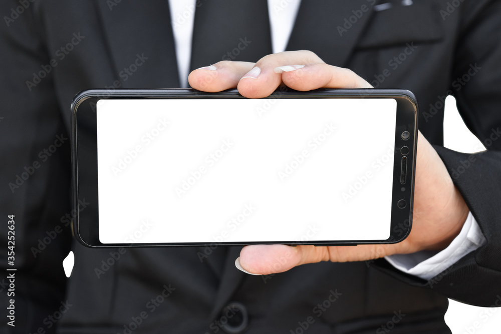 Close up of businessman hold blank screen smartphone in hand, Isolated on white background with clipping path. Close up of businessman hold blank screen smartphone in hand, Isolated on white background with clipping path.