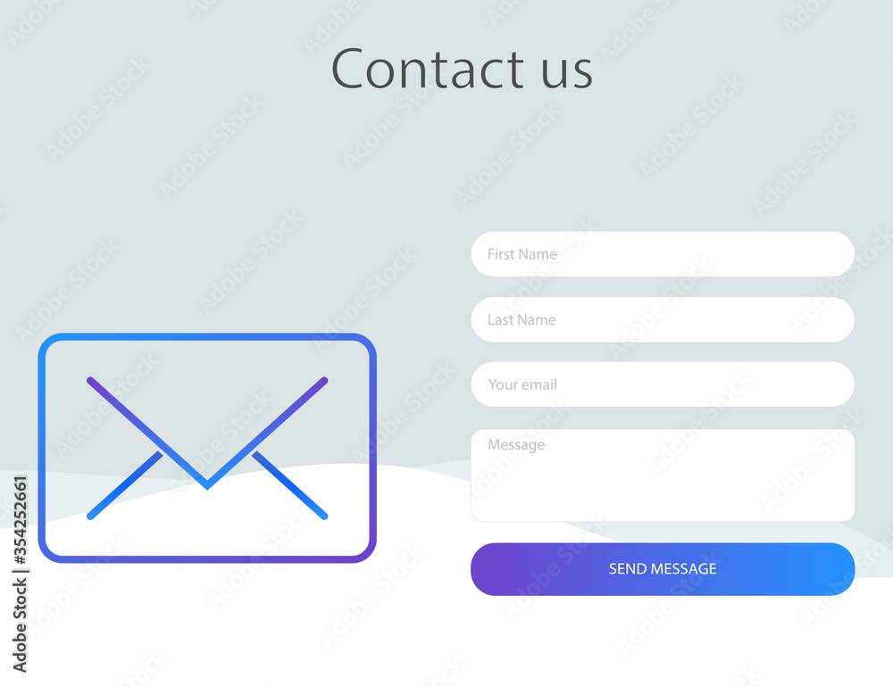 Contact form window. Template of feedback page with gradient mail icon. Mockup frame for contact us form. Message box with send button. Isolated editable template mail box. Vector EPS 10. Contact form window. Template of feedback page with gradient mail icon. Mockup frame for contact us form. Message box with send button. Isolated editable template mail box. Vector EPS 10.