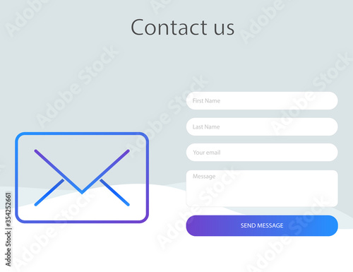 Contact form window. Template of feedback page with gradient mail icon. Mockup frame for contact us form. Message box with send button. Isolated editable template mail box. Vector EPS 10.