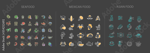 Vector icon and logo collection for asian, japan food seafood and mexican. Delivery food. Editable outline stroke size. Line flat contour, thin and linear design. Simple icons. Sign, symbol