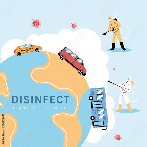 men wearing a protective suit disinfects vehicles by coronavirus or covid 19