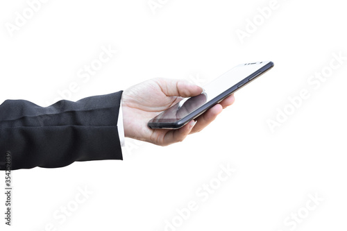 Businessman hand holding mobile smartphone isolated on white background. with clipping path.