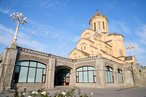 Tbilisi, Georgia - October 21, 2019: Big orthodox cathedral St. Trinity or Chirch Sameba in Tbilisi city in Georgia and blue sky background