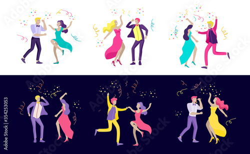 Group of smiling young people or students in evening dresses and tuxedos, happy Jumping and dansing. Prom party, prom night invitation, promenade school dance concept. Vector