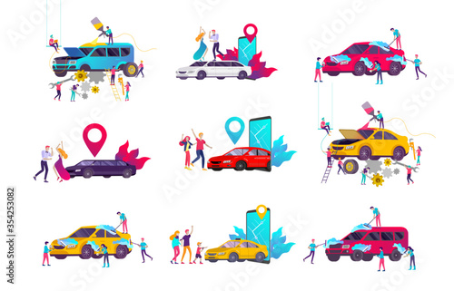 Car service having their repaired, people paint car, change wheels, automobile repair shop, vehicle service concept. Vector flat style