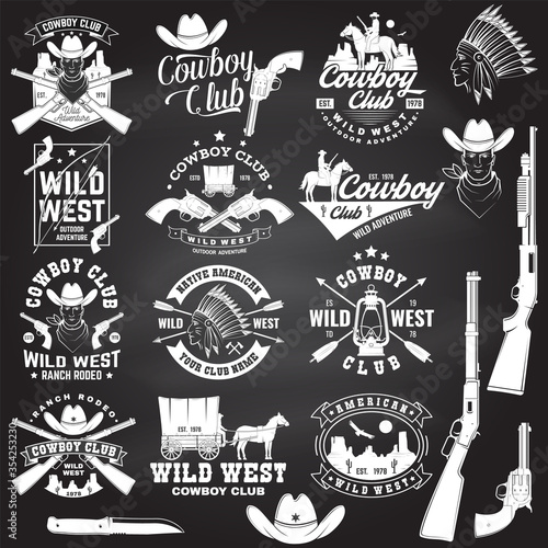 Set of cowboy club badge on chalkboard. Vector. Concept for shirt, logo, print, stamp, tee with cowboy and shotgun. Vintage typography design with wild west and western rifle silhouette.