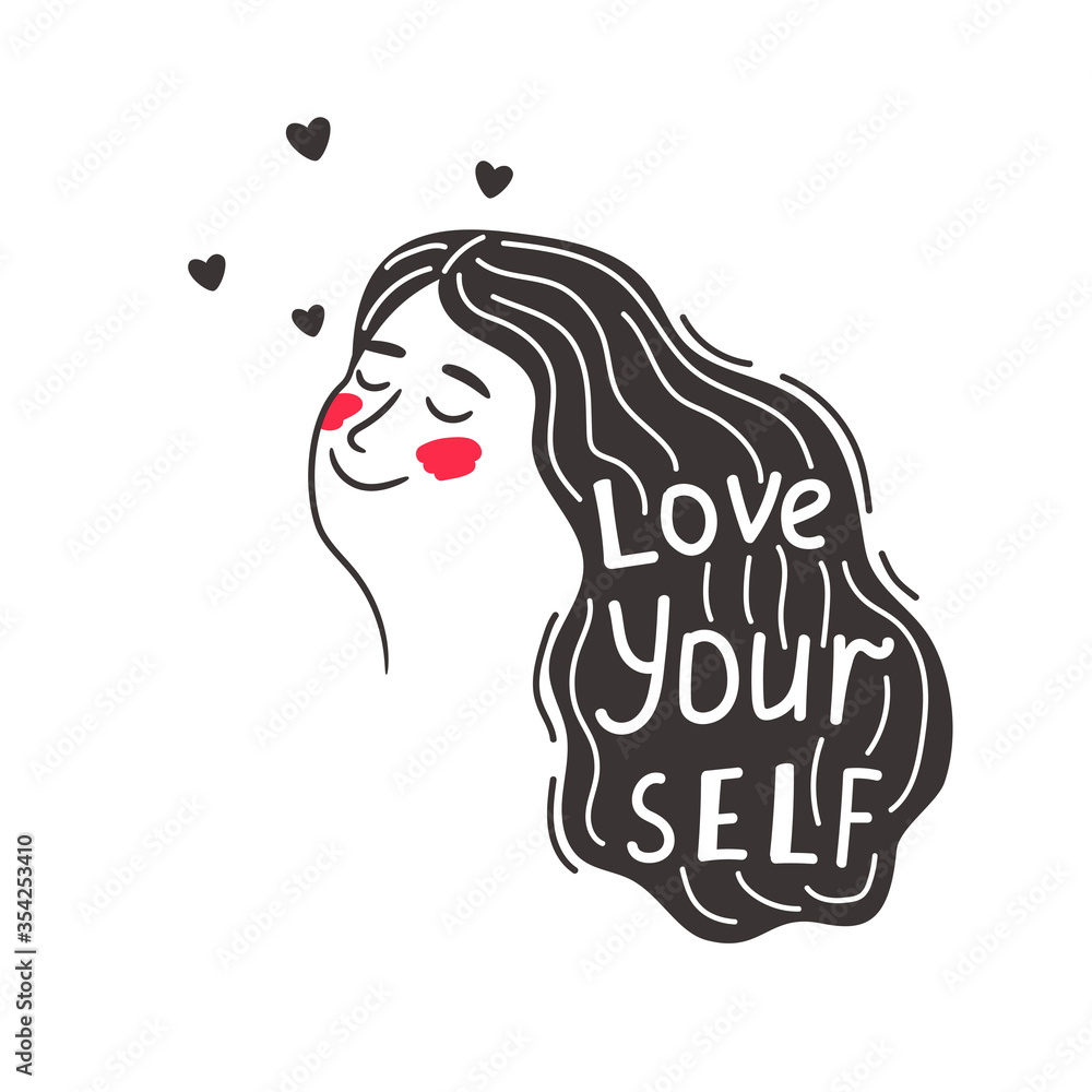 Positive caring girl love yourself. Woman saying motivational cartoon  slogan love your self, believe and care yourself, vector logo for designing  Stock Vector | Adobe Stock